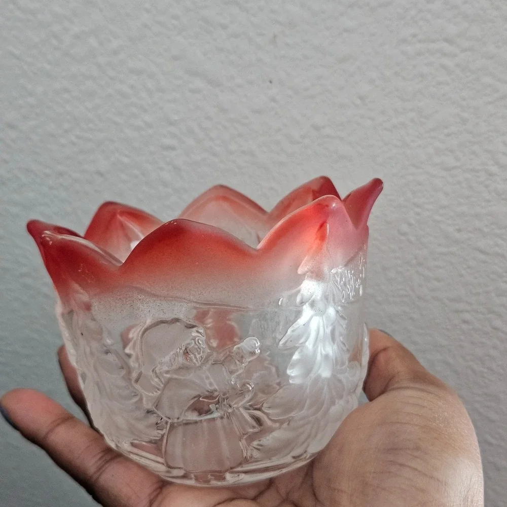 Vintage Red Trimmed Frosted Glass Candle Holder Winter‎ Scene Christmas Decor